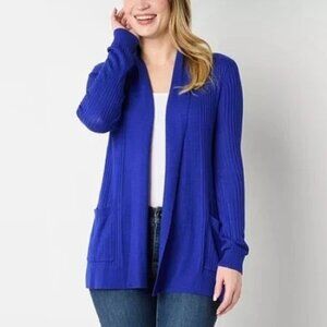 Liz Claiborne Cardigan Sweater‎ Womens Blue Open Front Ribbed Knit Pockets NWT